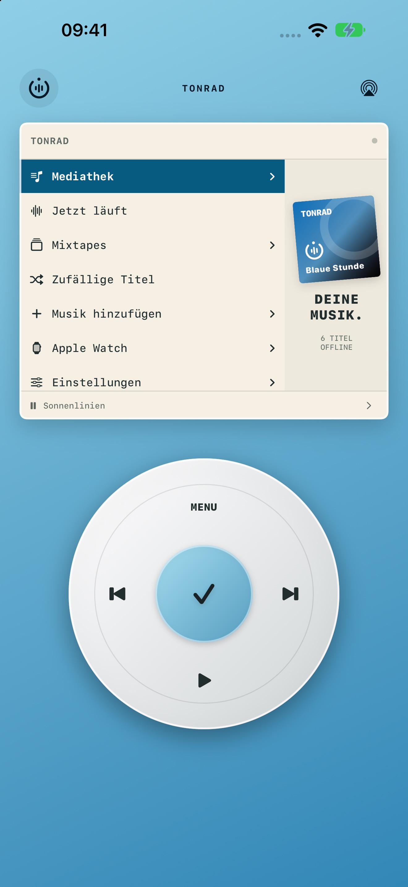 Tonrad im blauen Theme mit Classic-Menü und Clickwheel